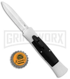 AKC 007 Concord White/Black OTF Automatic Knife - Dagger Satin -Grindworx Shop AKC 007 Concord OTF White Satin Dagger GX 30495 jr bottlecap large