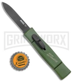 AKC Minion Concord Green OTF Automatic Knife - Spear Point Plain -Grindworx Shop AKC 007 Mini Concord OTF Auto NATO Green Black BHQ 135713 jr bottlecap large