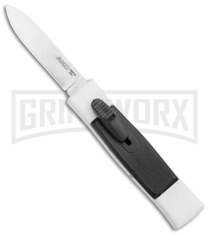 AKC Minion Concord White/Black OTF Automatic Knife - Spear Point Satin Plain AKC Minion Concord White/Black OTF Automatic Knife - Spear Point Satin Plain -Grindworx Shop AKC 007 Mini Concord OTF Auto White Black Satin BHQ 135712 jr large