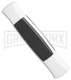 AKC 077 Concord White/Black OTF Automatic Knife - Flat Satin Plain -Grindworx Shop AKC 077 concord white black satin flat BHQ 52355 er spine large