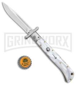 Italian Style 11" Roma White Pearlex Auto Swinguard - Drop Point Polish Plain 3 Italian Style 11" Roma White Pearlex Auto Swinguard - Drop Point Polish Plain -Grindworx Shop AKC 11in Roma Auto Swinguard DP White Pearlex Polished BHQ 152966 jr bottlecap large