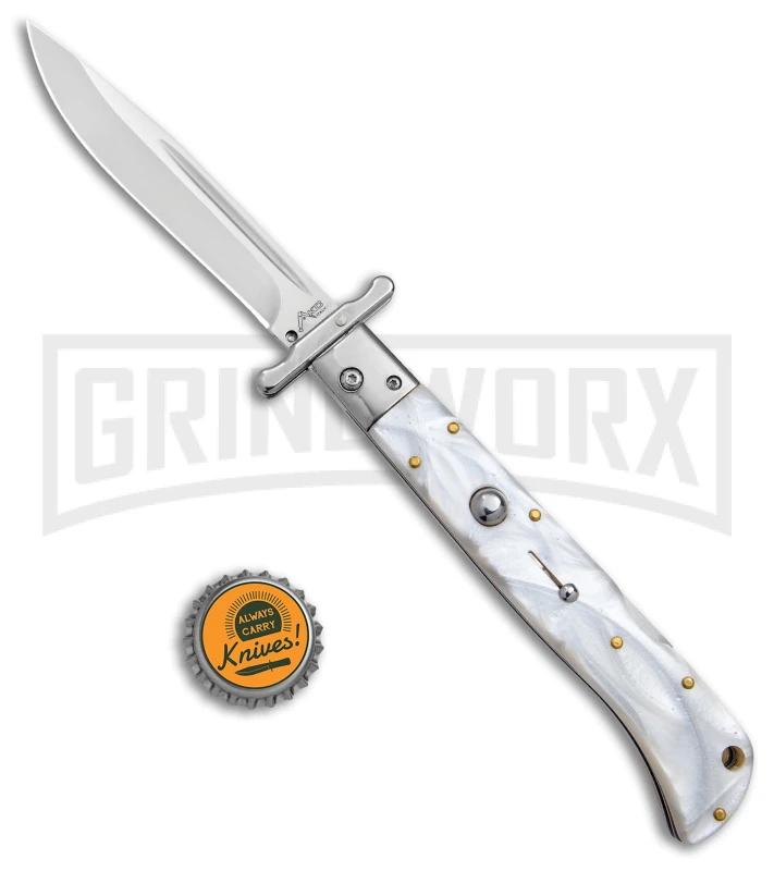 Italian Style 11" Roma White Pearlex Auto Swinguard - Drop Point Polish Plain Italian Style 11" Roma White Pearlex Auto Swinguard - Drop Point Polish Plain -Grindworx Shop AKC 11in Roma Auto Swinguard DP White Pearlex Polished BHQ 152966 jr bottlecap large