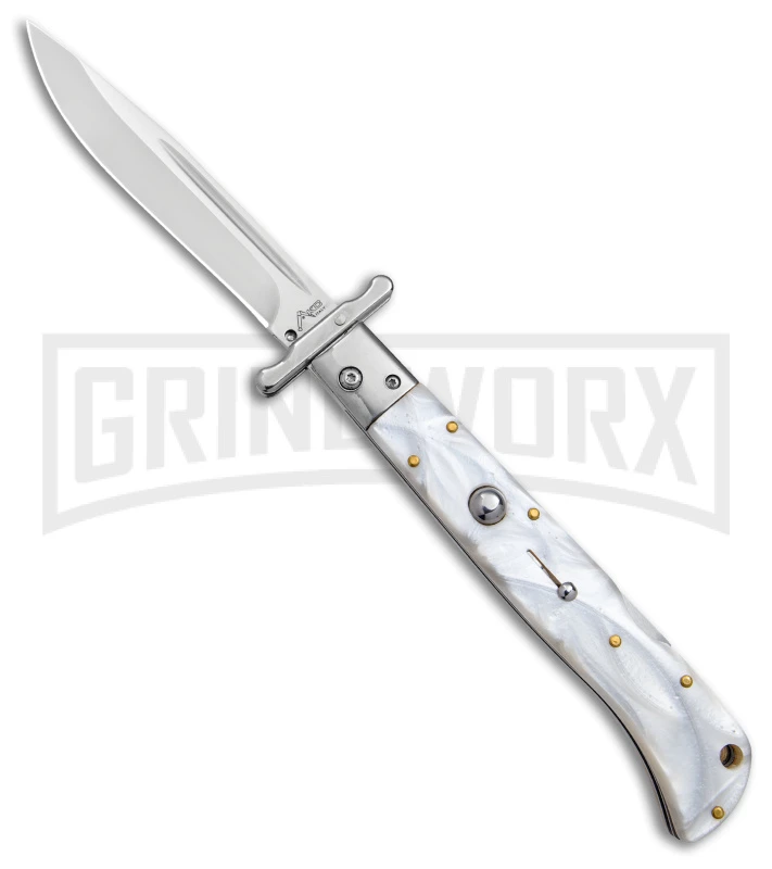Italian Style 11" Roma White Pearlex Auto Swinguard - Drop Point Polish Plain Italian Style 11" Roma White Pearlex Auto Swinguard - Drop Point Polish Plain -Grindworx Shop AKC 11in Roma Auto Swinguard DP White Pearlex Polished BHQ 152966 jr large