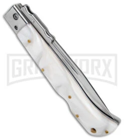 Italian Style 11" Roma White Pearlex Auto Swinguard - Drop Point Polish Plain 2 Italian Style 11" Roma White Pearlex Auto Swinguard - Drop Point Polish Plain -Grindworx Shop AKC 11in Roma Auto Swinguard DP White Pearlex Polished BHQ 152966 jr side large