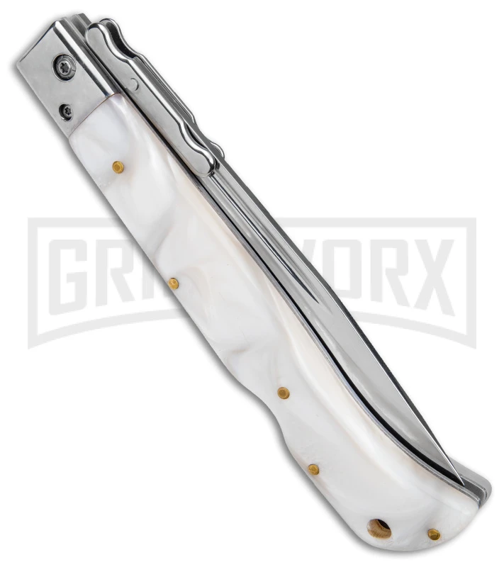 Italian Style 11" Roma White Pearlex Auto Swinguard - Drop Point Polish Plain Italian Style 11" Roma White Pearlex Auto Swinguard - Drop Point Polish Plain -Grindworx Shop AKC 11in Roma Auto Swinguard DP White Pearlex Polished BHQ 152966 jr side large