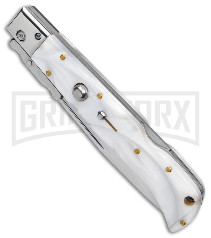 Italian Style 11" Roma White Pearlex Auto Swinguard - Drop Point Polish Plain Italian Style 11" Roma White Pearlex Auto Swinguard - Drop Point Polish Plain -Grindworx Shop AKC 11in Roma Auto Swinguard DP White Pearlex Polished BHQ 152966 jr spine large