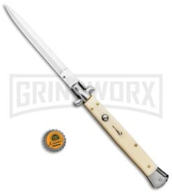 AKC 13" Sim Ivory Acrylic Automatic Italian Dagger Stiletto (Satin Plain) -Grindworx Shop AKC 13in Sim Ivory Handle Auto Stiletto Dagger GX 2387 jr bottlecap large