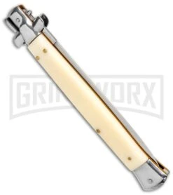 AKC 13" Sim Ivory Acrylic Automatic Italian Dagger Stiletto (Satin Plain) -Grindworx Shop AKC 13in Sim Ivory Handle Auto Stiletto Dagger GX 2387 jr side large