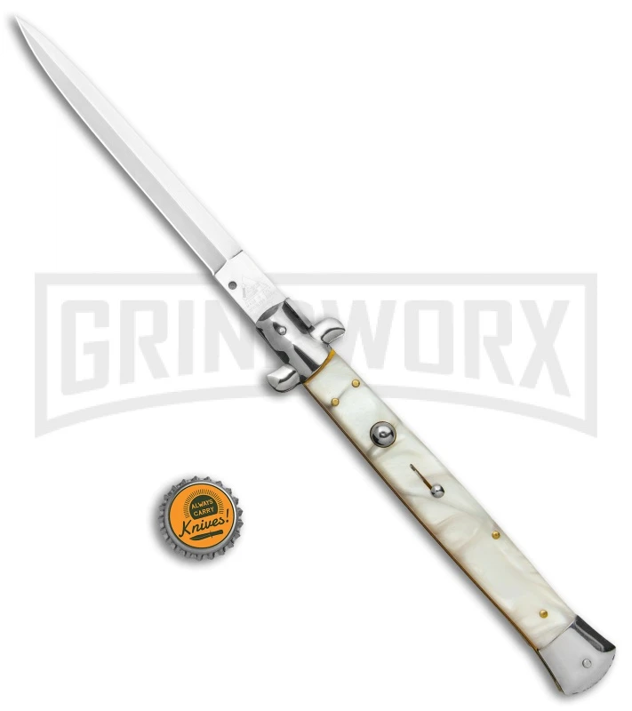 AKC 13" White Pearlex Automatic Dagger Stiletto Knife (Satin Plain) AKC 13" White Pearlex Automatic Dagger Stiletto Knife (Satin Plain) -Grindworx Shop AKC 13in White Pearlex Handle Auto Stiletto Dagger GX 6333 jr bottlecap large