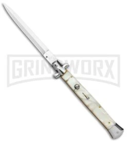 AKC 13" White Pearlex Automatic Dagger Stiletto Knife (Satin Plain)