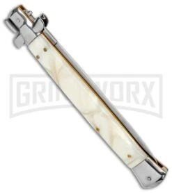 AKC 13" White Pearlex Automatic Dagger Stiletto Knife (Satin Plain) 2 AKC 13" White Pearlex Automatic Dagger Stiletto Knife (Satin Plain) -Grindworx Shop AKC 13in White Pearlex Handle Auto Stiletto Dagger GX 6333 jr side large