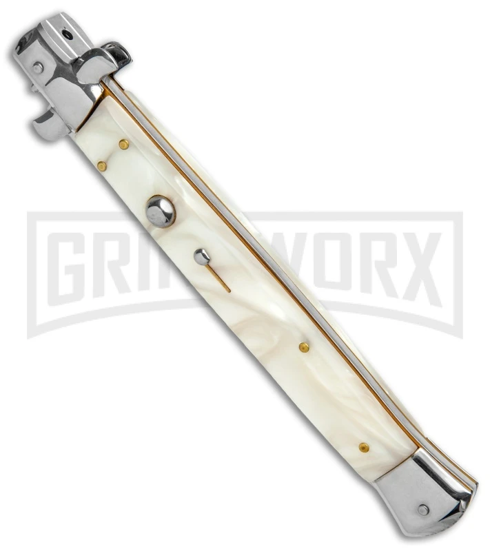 AKC 13" White Pearlex Automatic Dagger Stiletto Knife (Satin Plain) AKC 13" White Pearlex Automatic Dagger Stiletto Knife (Satin Plain) -Grindworx Shop AKC 13in White Pearlex Handle Auto Stiletto Dagger GX 6333 jr spine large