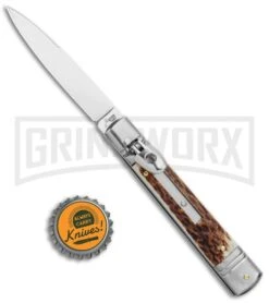 AKC 7.75" Slimline Lever Lock Stag Horn Automatic Knife - Clip Point Flat -Grindworx Shop AKC 7.5in Slimline LL Auto Stag Horn Satin Flat BHQ 122385 jr bottlecap large