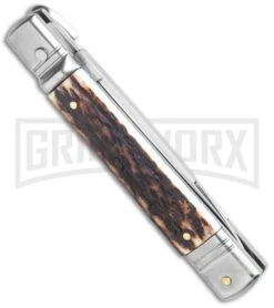 AKC 7.75" Slimline Lever Lock Stag Horn Automatic Knife - Clip Point Flat -Grindworx Shop AKC 7.5in Slimline LL Auto Stag Horn Satin Flat BHQ 122385 jr side large