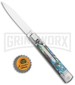AKC 7.75" Slimline Lever Lock Abalone Automatic Knife - Clip Point Flat -Grindworx Shop AKC 7.75in Slimline LL Auto Abalone Satin Flat BHQ 122384 jr bottlecap large
