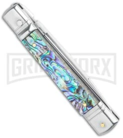 AKC 7.75" Slimline Lever Lock Abalone Automatic Knife - Clip Point Flat -Grindworx Shop AKC 7.75in Slimline LL Auto Abalone Satin Flat BHQ 122384 jr side large