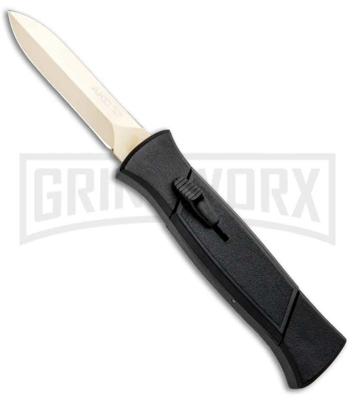 AKC 777 Blackfinger Black OTF Automatic Knife - Dagger Gold Plain AKC 777 Blackfinger Black OTF Automatic Knife - Dagger Gold Plain -Grindworx Shop AKC 777 Blackfinger OTF Auto Black Gold Dagger BHQ 92040 jr large