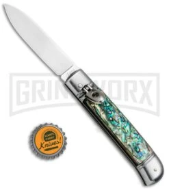 AKC 8" Italian Stiletto Leverlock Abalone Automatic Knife - Flat -Grindworx Shop AKC 8in LL Italian Auto Abalone Polish Flat BHQ 82042 jr bottlecap large