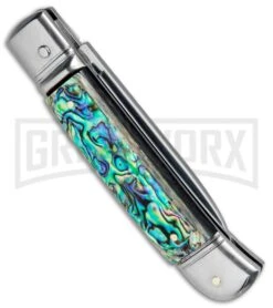 AKC 8" Italian Stiletto Leverlock Abalone Automatic Knife - Flat -Grindworx Shop AKC 8in LL Italian Auto Abalone Polish Flat BHQ 82042 jr side large
