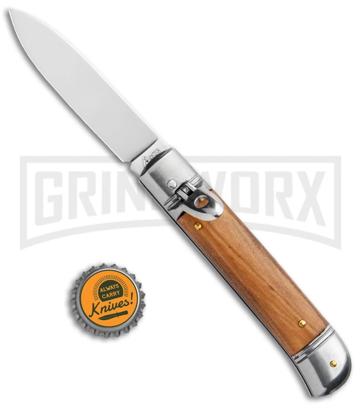 AKC 8" Lever Lock Olive Wood Automatic Knife - Flat Plain AKC 8" Lever Lock Olive Wood Automatic Knife - Flat Plain -Grindworx Shop AKC 8in LL Italian Auto Olive Wood Polish Flat BHQ 104108 jr bottlecap large