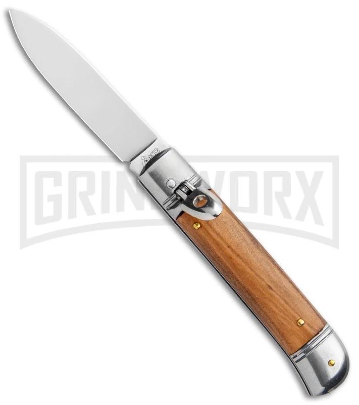 AKC 8" Lever Lock Olive Wood Automatic Knife - Flat Plain AKC 8" Lever Lock Olive Wood Automatic Knife - Flat Plain -Grindworx Shop AKC 8in LL Italian Auto Olive Wood Polish Flat BHQ 104108 jr large