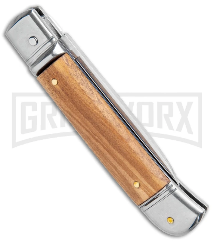 AKC 8" Lever Lock Olive Wood Automatic Knife - Flat Plain AKC 8" Lever Lock Olive Wood Automatic Knife - Flat Plain -Grindworx Shop AKC 8in LL Italian Auto Olive Wood Polish Flat BHQ 104108 jr side large