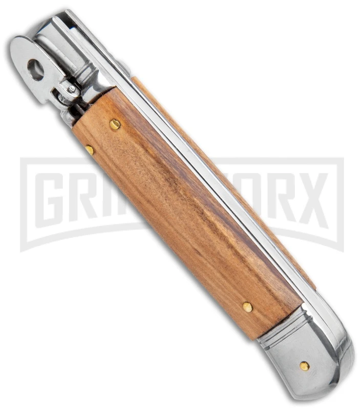AKC 8" Lever Lock Olive Wood Automatic Knife - Flat Plain AKC 8" Lever Lock Olive Wood Automatic Knife - Flat Plain -Grindworx Shop AKC 8in LL Italian Auto Olive Wood Polish Flat BHQ 104108 jr spine large