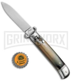 AKC 8" Shot Shell Puller Lever Lock Brazilian Horn Automatic Knife - Flat Plain -Grindworx Shop AKC 8in Shot Puller LL Brazilian Horn BP 19886 jr bottlecap large