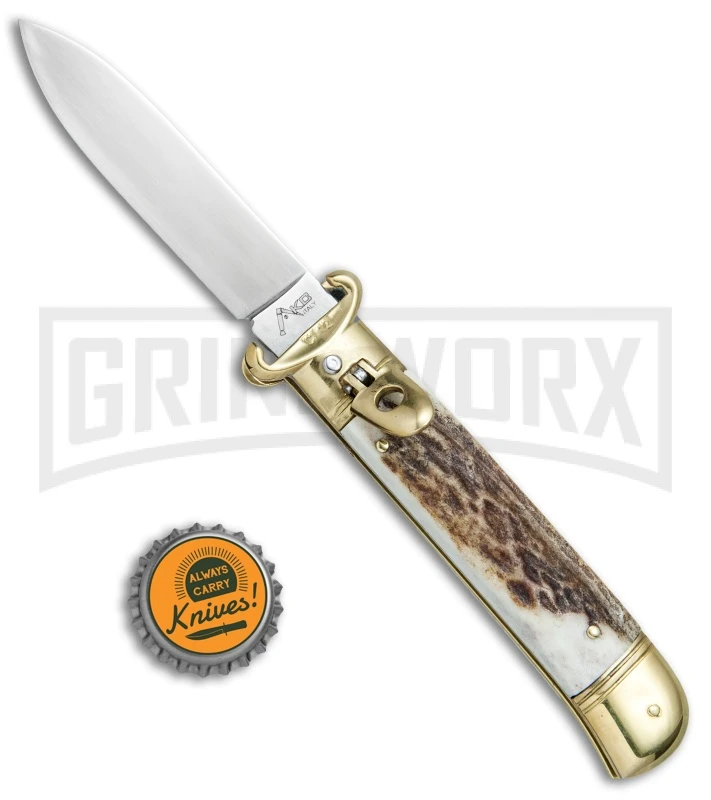 AKC 8" Shot Shell Puller Lever Lock Stag Automatic Knife - Flat Plain AKC 8" Shot Shell Puller Lever Lock Stag Automatic Knife - Flat Plain -Grindworx Shop AKC 8in Shot Puller Stag Horn LL Brass Satin Plain BP 25381 jr bottlecap large
