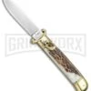 AKC 8" Shot Shell Puller Lever Lock Stag Automatic Knife - Flat Plain -Grindworx Shop AKC 8in Shot Puller Stag Horn LL Brass Satin Plain BP 25381 jr large