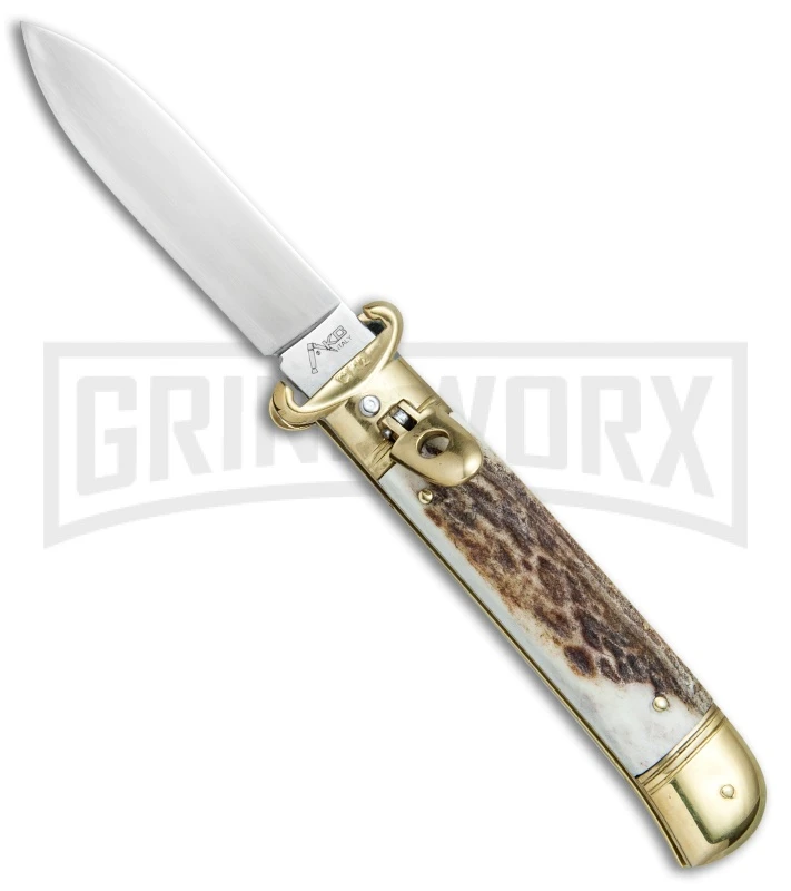 AKC 8" Shot Shell Puller Lever Lock Stag Automatic Knife - Flat Plain AKC 8" Shot Shell Puller Lever Lock Stag Automatic Knife - Flat Plain -Grindworx Shop AKC 8in Shot Puller Stag Horn LL Brass Satin Plain BP 25381 jr large