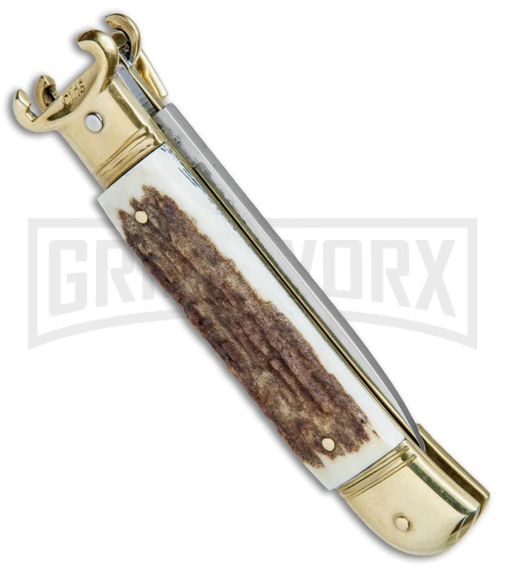 AKC 8" Shot Shell Puller Lever Lock Stag Automatic Knife - Flat Plain AKC 8" Shot Shell Puller Lever Lock Stag Automatic Knife - Flat Plain -Grindworx Shop AKC 8in Shot Puller Stag Horn LL Brass Satin Plain BP 25381 jr side large