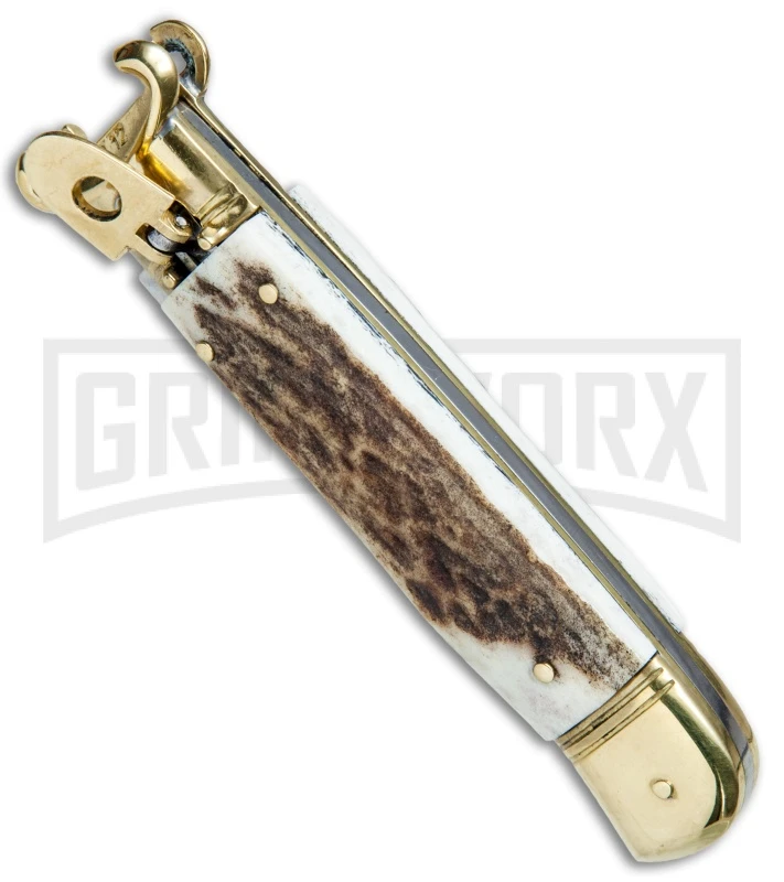 AKC 8" Shot Shell Puller Lever Lock Stag Automatic Knife - Flat Plain AKC 8" Shot Shell Puller Lever Lock Stag Automatic Knife - Flat Plain -Grindworx Shop AKC 8in Shot Puller Stag Horn LL Brass Satin Plain BP 25381 jr spine large