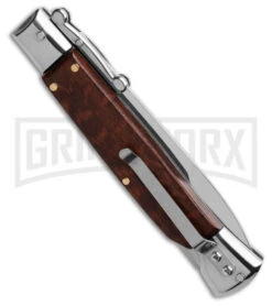 AKC 9" Snakewood Automatic Swinguard Knife Italian Stiletto - Satin Plain -Grindworx Shop AKC 9in Bayonet AK Swinguard Italian Stiletto Snakewood 4in Satin BHQ 158041 td side large