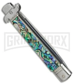 AKC 9" Leverletto Abalone Automatic Knife - Flat Grind -Grindworx Shop AKC 9in leverletto abalone flat BP 18826 er side large