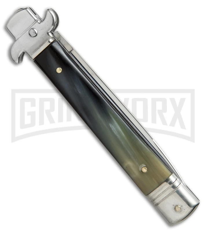 AKC 9" Leverletto Brazillian Horn Automatic Knife - Swedge Grind AKC 9" Leverletto Brazillian Horn Automatic Knife - Swedge Grind -Grindworx Shop AKC 9in leverletto brazillian horn swedge BP 18824 er side large