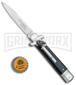 AKC Bill DeShivs 7.5" Leverletto Ebony Wood Automatic Knife - Satin Plain -Grindworx Shop AKC Bill DeShivs Leverletto Ebony Wood Satin Plain BP 26642 jr bottlecap large