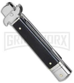 AKC Bill DeShivs 7.5" Leverletto Ebony Wood Automatic Knife - Satin Plain -Grindworx Shop AKC Bill DeShivs Leverletto Ebony Wood Satin Plain BP 26642 jr side large