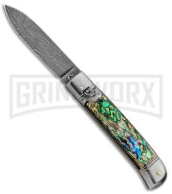 AKC 8" Italian Stiletto Lever Lock Abalone Automatic Knife - Damascus Plain