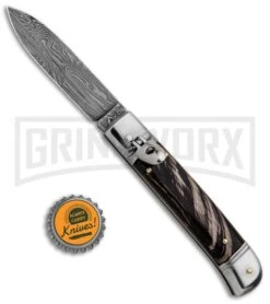 AKC 8" Italian Stiletto Lever Lock Dark Horn Automatic Knife - Damascus Plain 3 AKC 8" Italian Stiletto Lever Lock Dark Horn Automatic Knife - Damascus Plain -Grindworx Shop AKC Classic 8in LL Dark Horn Damascus Flat BP 30457 jr bottlecap large
