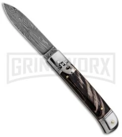 AKC 8" Italian Stiletto Lever Lock Dark Horn Automatic Knife - Damascus Plain