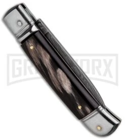 AKC 8" Italian Stiletto Lever Lock Dark Horn Automatic Knife - Damascus Plain 2 AKC 8" Italian Stiletto Lever Lock Dark Horn Automatic Knife - Damascus Plain -Grindworx Shop AKC Classic 8in LL Dark Horn Damascus Flat BP 30457 jr side large