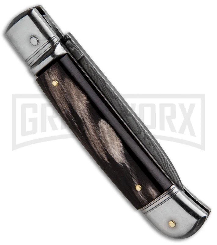 AKC 8" Italian Stiletto Lever Lock Dark Horn Automatic Knife - Damascus Plain AKC 8" Italian Stiletto Lever Lock Dark Horn Automatic Knife - Damascus Plain -Grindworx Shop AKC Classic 8in LL Dark Horn Damascus Flat BP 30457 jr side large