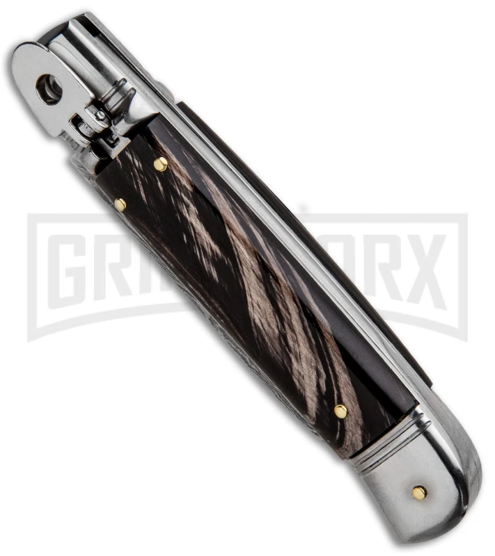 AKC 8" Italian Stiletto Lever Lock Dark Horn Automatic Knife - Damascus Plain AKC 8" Italian Stiletto Lever Lock Dark Horn Automatic Knife - Damascus Plain -Grindworx Shop AKC Classic 8in LL Dark Horn Damascus Flat BP 30457 jr spine large