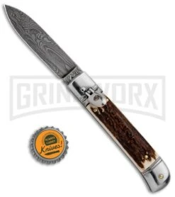 AKC 8" Italian Stiletto Lever Lock Stag Automatic Knife - Damascus Plain -Grindworx Shop AKC Classic 8in LL Stag Horn Damascus Flat BP 30458 jr bottlecap large