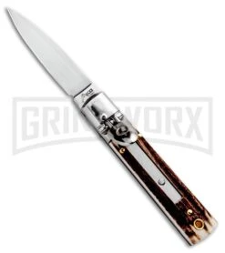 AKC 6" Mini Classic Lever Lock Stag Automatic Knife - Satin Plain