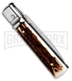 AKC 6" Mini Classic Lever Lock Stag Automatic Knife - Satin Plain -Grindworx Shop AKC Classic LL Stag BHQ 50855 jr side large