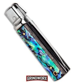 AKC 6" Mini Classic Lever Lock Abalone Automatic Knife - Satin Plain -Grindworx Shop AKC Classic Lever Lock Abalone BHQ 94620 ns.side large