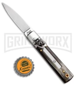 AKC 6" Mini Classic Lever Lock Brazilian Horn Automatic Knife - Satin Plain -Grindworx Shop AKC Classic Leverlock Brazilian Horn BHQ 50889 ns bottlecap large