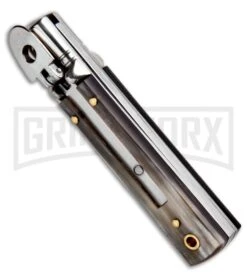 AKC 6" Mini Classic Lever Lock Brazilian Horn Automatic Knife - Satin Plain -Grindworx Shop AKC Classic Leverlock Brazilian Horn BHQ 50889 ns spine large